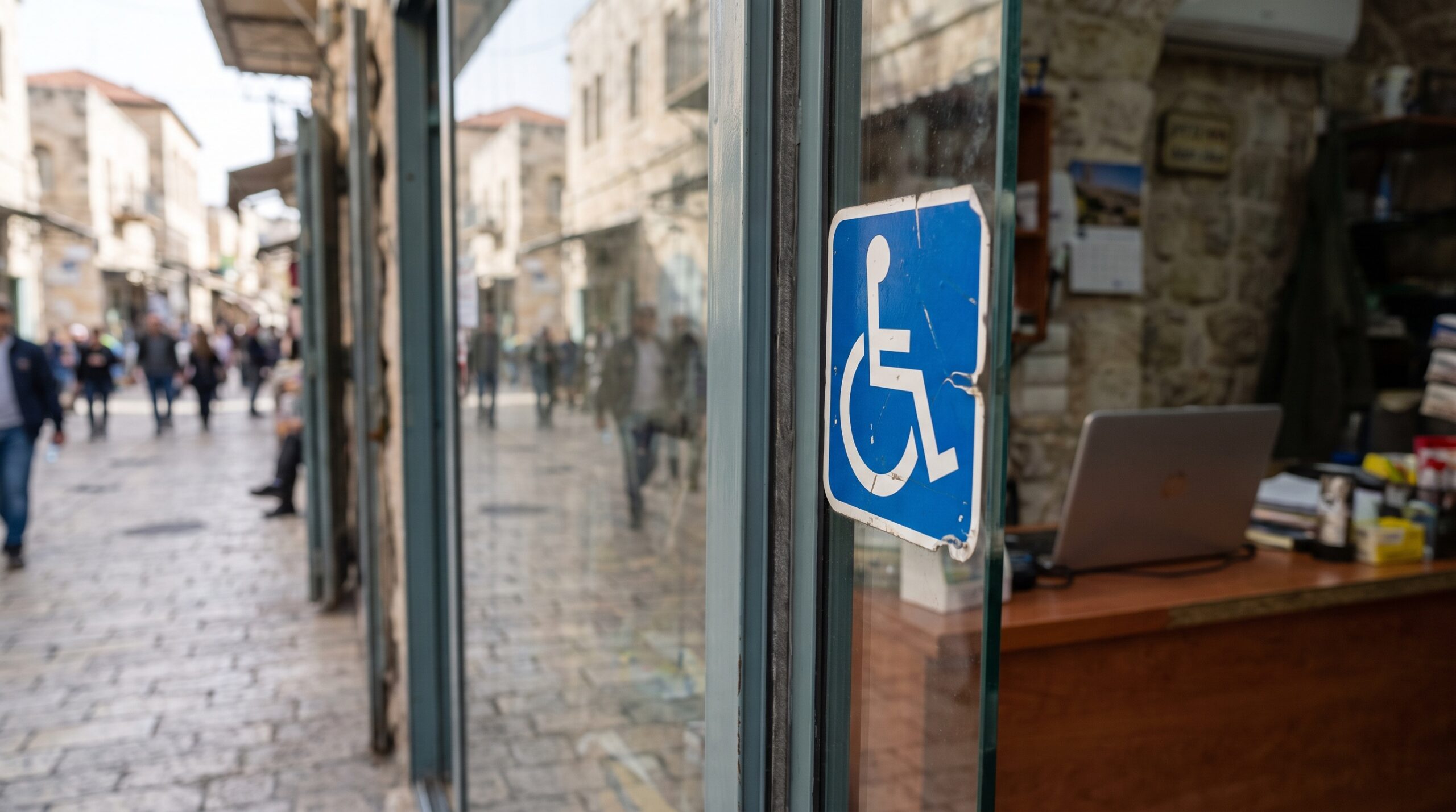מדבקת סמל הנגישות הבינלאומי על דלת זכוכית של חנות קטנה